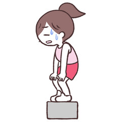 	昇降運動でくたくたになりながら箱に乗る女性全身イラスト