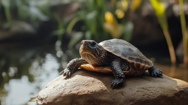 A small turtle basks in the sun on a rock near a pond.  The turtle's shell is dark brown and patterned, contrasting with the lighter rock and blurred green background.