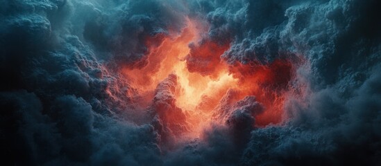 Fiery orange light bursts through dark, stormy clouds.