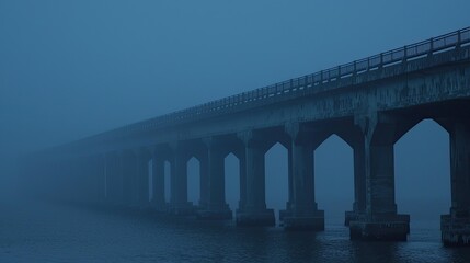 Foggy bridge extending over water, creating a serene atmosphere with misty surroundings