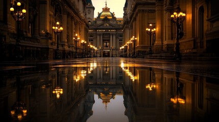 Fototapeta premium Grand building reflected in a wet city street at night.
