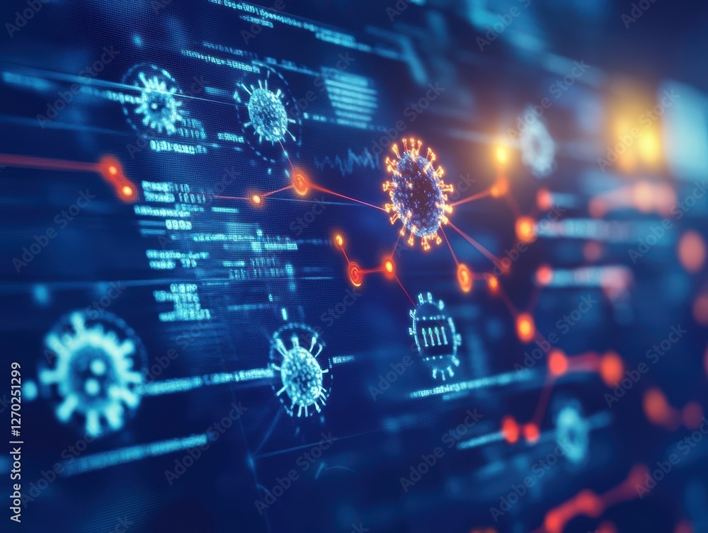 Poster intricate visual of a computer screen displaying a complex network of interlocking gears symbolizing