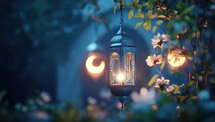 Illuminated lanterns hanging in a mystical garden at night