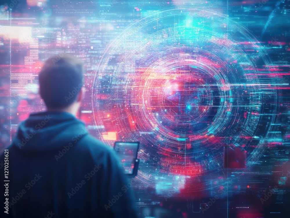 Poster a man engaged with a futuristic interactive display in a high-tech environment evoking innovation cu