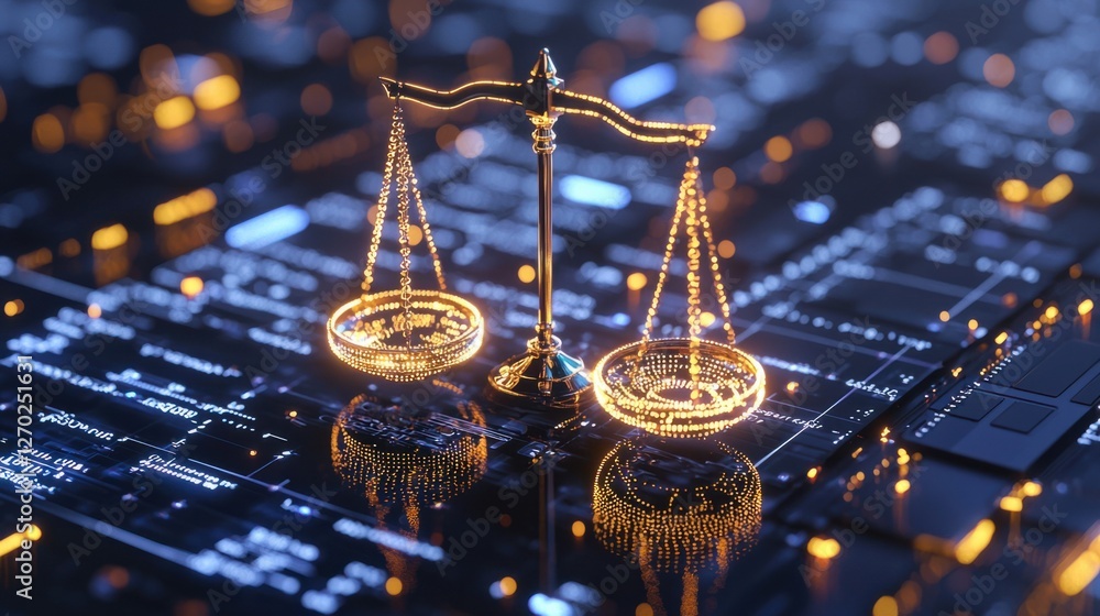 Poster golden scales of justice on digital background with circuit pattern