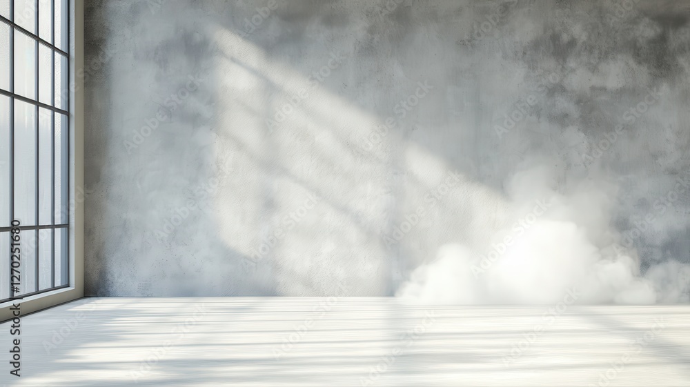 Poster sunlit empty concrete room with large windows casting shadows, creating minimalistic and serene inte