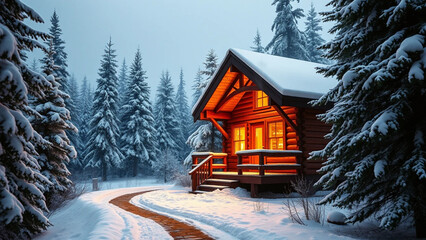 Cozy Winter Cabin in a Snowy Forest with Warm Glowing Lights