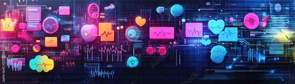 Poster vibrant abstract technology background featuring colorful geometric shapes creating dynamic visual e