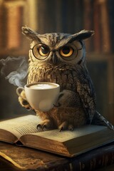 An owl wearing glasses is sitting on an open book in a library