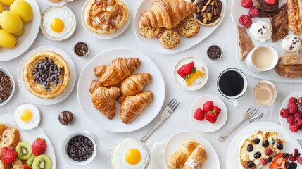A Variety of Delicious Breakfast Foods on a White Table