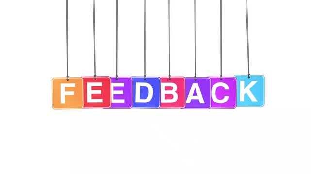 "Feedback" word or text hanging and bouncing animation on a white background and green screen. Represents communication, response, and improvement