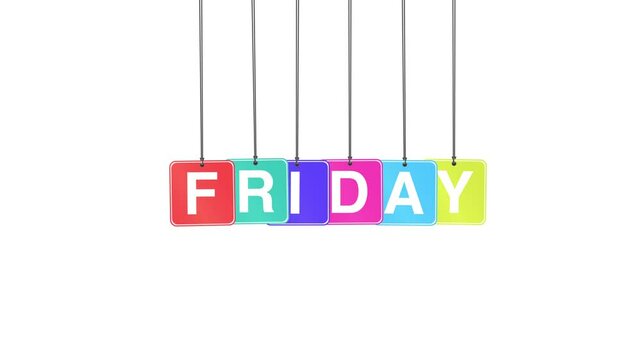 "Friday" word or text hanging and bouncing animation on a white background and green screen. Represents the end of the workweek, relaxation, and weekend anticipation