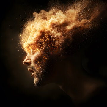 Human head with exploding particles representing burnout and stress