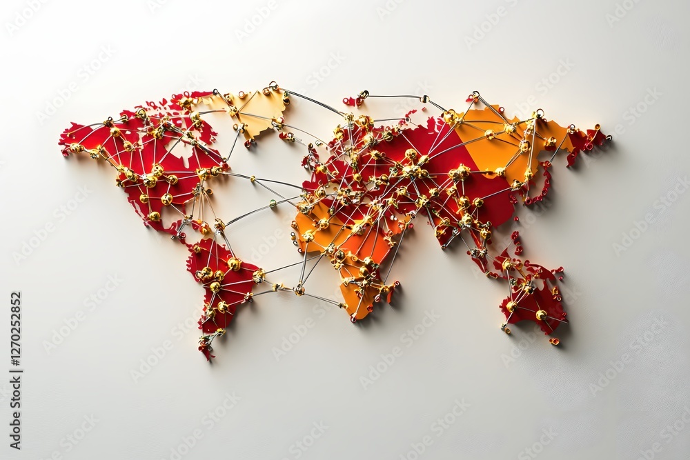 Aufkleber Global Network Connection Concept with World Map and Golden Nodes Representing Connectivity