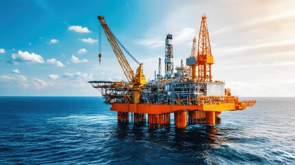 Offshore oil platform under a bright blue sky providing energy in the middle of the ocean with sun flare and clear horizon
