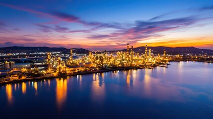 Aerial View of Illuminated Industrial Plant Reflecting on Water at Dusk with Vibrant Sky and City Lights on Horizon