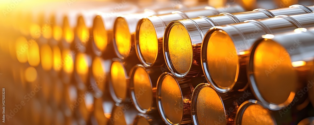 Aufkleber row of gleaming metal barrels reflecting golden light in a warehouse setting with warm tones and sha