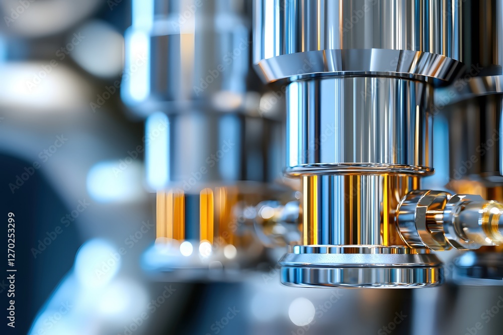 Leinwandbilder gleaming chrome cylinder assembly precision engineering with abstract bokeh background