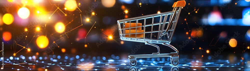 Aufkleber shopping cart with boxes on futuristic background representing online commerce and delivery