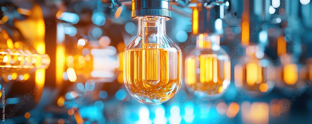 Poster elegant glassware with golden liquid and blue bokeh lights creating a modern laboratory look