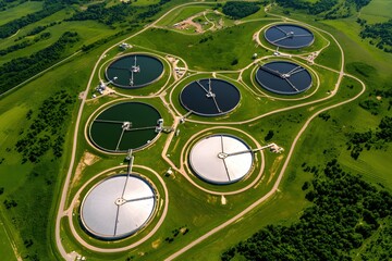 Aerial View of Circular Water Treatment Plant on Green Field Landscape in Summer Day