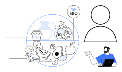 Organic foods thumbs up vegetables, fruits, and legumes in circular layout, BIO label, nutritionist advising online via laptop. Ideal for health, nutrition, diet planning, organic produce online