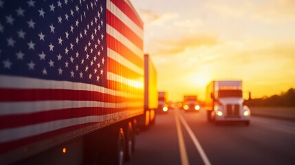 Trucks Driving on Highway with American Flag Background at Sunrise