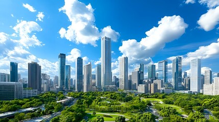 Naklejka premium Modern City Skyline, Green Park, Blue Sky - Aerial Views: High-angl.