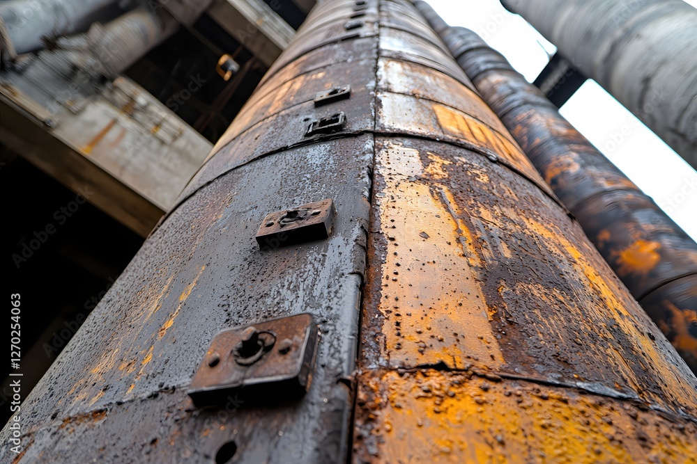 Poster industrial rusting metal structure with rivets and peeling paint in an abandoned factory