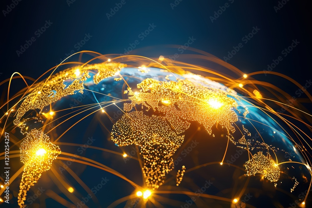 Poster Global Connectivity Network World Map with Golden Light Trails and Nodes on Dark Blue Background