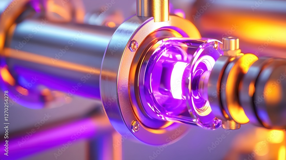 Poster Futuristic Metal Device with Glowing Purple Light and Glass Elements in a High Tech Laboratory Setting with Soft Lighting and Shallow Depth of Field