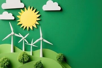 Eco Friendly Energy Landscape with Wind Turbines Sun and Clouds on Green Background