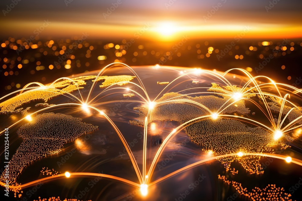 Poster global network connections shining over earth with city lights and sunset in the background