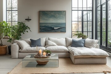 Large light gray modular sofa with oversized chaise lounge, Scandinavian style living room, white walls and floor, glass coffee table with candles, greenery, and blue-green painting.