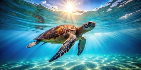 Obraz premium Serene Sea Turtle: Underwater Photography, Blue Ocean, Ripple Effect, Marine Life, Wildlife Photo