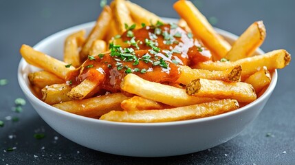 Crispy French fries with sauce, restaurant setting