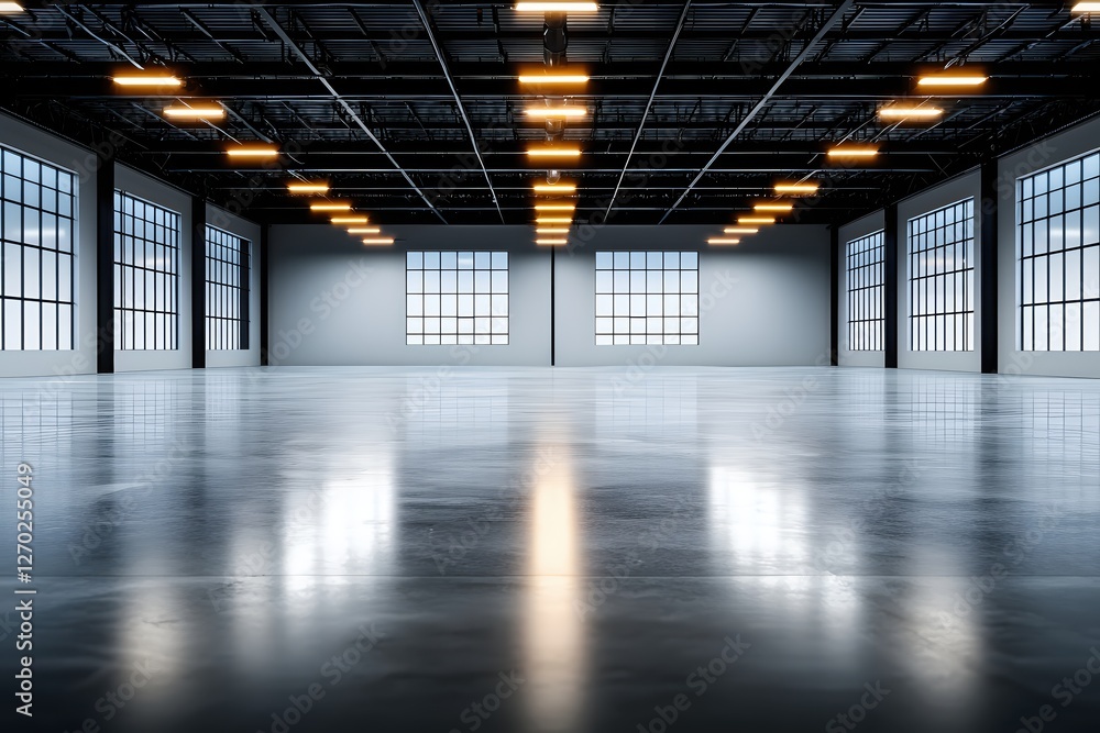 Poster empty industrial space with large windows and reflective floor for commercial or creative use