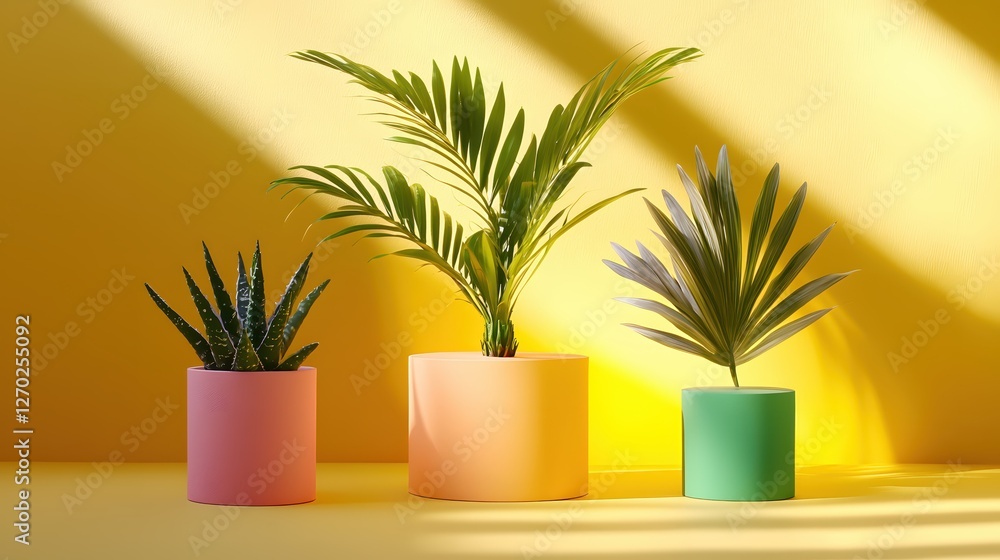 Poster three vibrant potted plants on a yellow background creating a serene and modern botanical scene