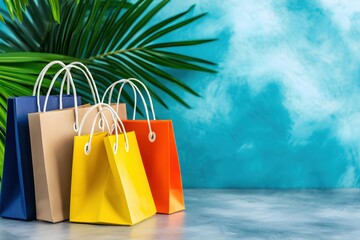 Vibrant shopping bags with tropical leaf against a textured blue background studio shot