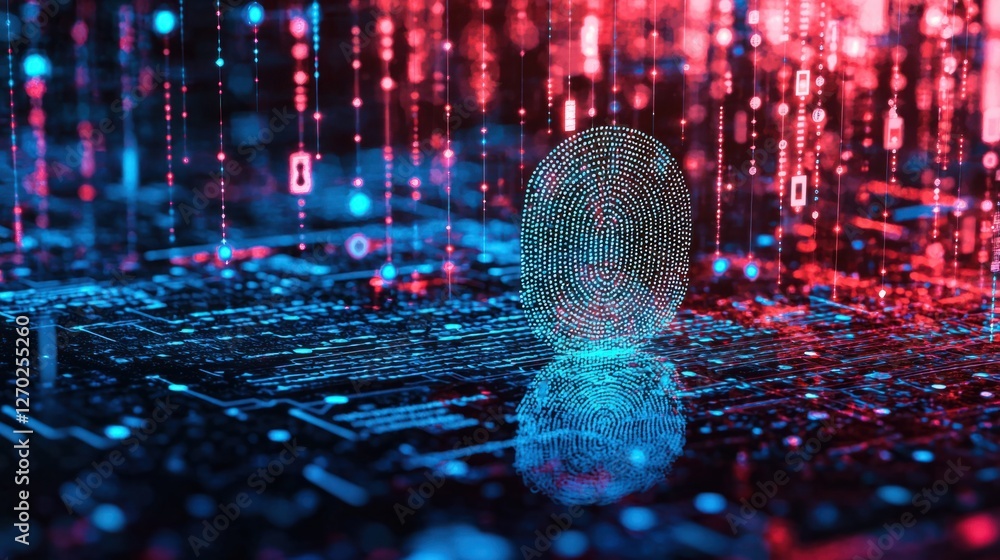 Poster futuristic digital fingerprint surrounded by data streams and codes
