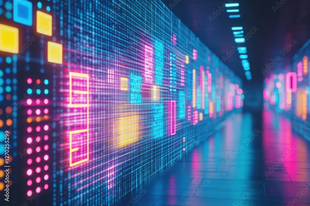 Poster vibrant hallway illuminated with colorful lights creating a lively and energetic atmosphere inviting