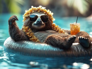 Obraz premium Relaxed sloth floating in a pool with oversized sunglasses and a drink in hand