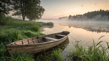 Obraz premium Serene Wooden Rowboat Moored on Foggy Riverbank at Dawn - Tranquil Landscape Photography of Nature's Beauty, Misty Water Reflections, and Peaceful Atmosphere