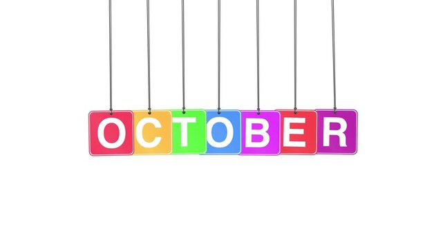 "October" word or text hanging and bouncing animation on a white background and green screen. Represents autumn, change, and seasonal festivities