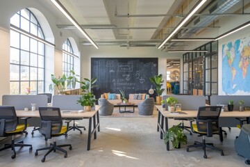 Modern industrial-style office interior with open floor plan, natural light, plants, relaxed lounge, and collaborative workspaces, light wood, gray, black and pastel colors