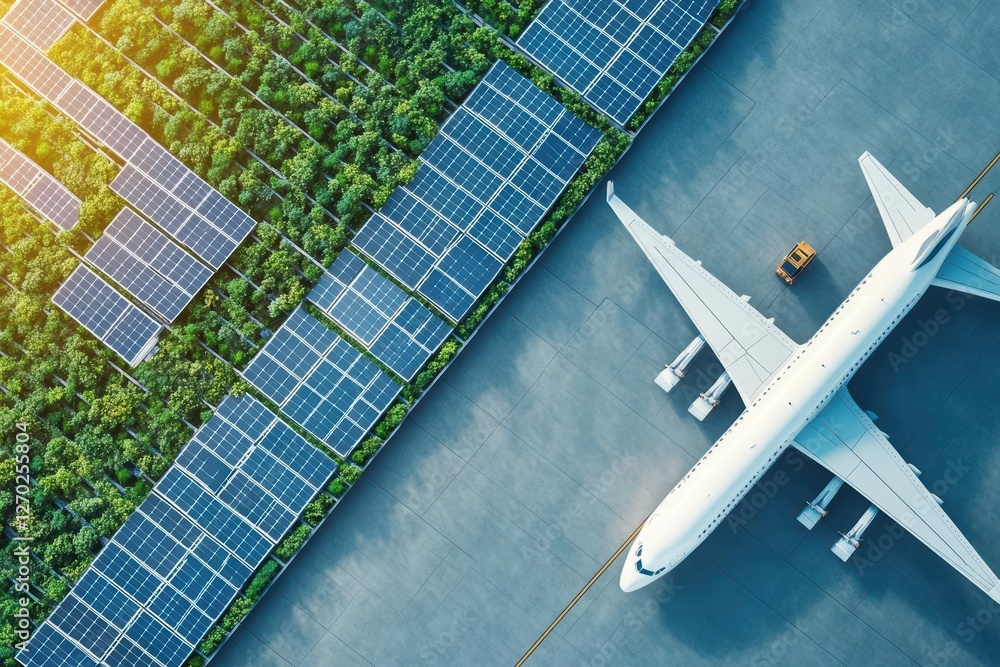 Poster a plane soars gracefully above a vast array of solar panels reflecting sunlight capturing the harmon