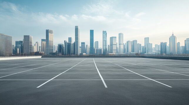 A car plaza with no vehicles and a panoramic city skyline. Featuring spaciousness and sleek modernity