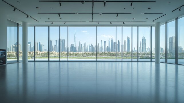 A car showroom with a vast empty plaza and a clear urban skyline in the background. Featuring openness and modernity