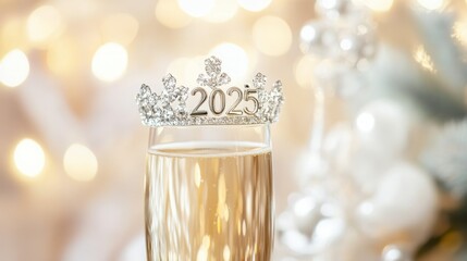 Fototapeta premium A sparkling champagne flute adorned with a jeweled crown, the number 2025 prominently displayed. A festive image perfect for New Year's celebrations.