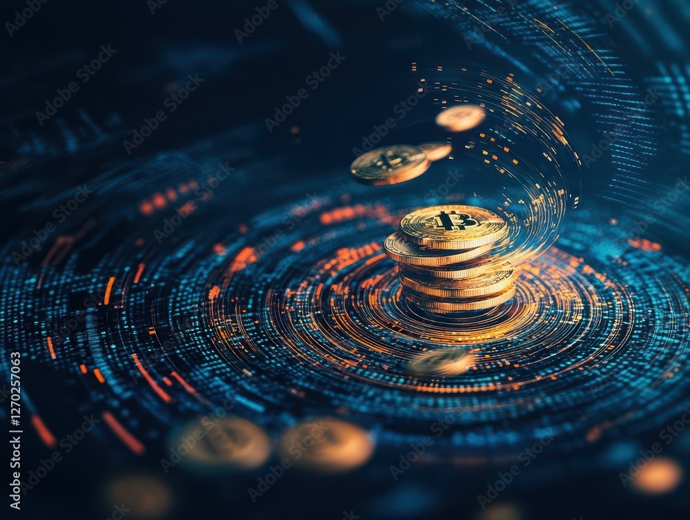 Poster a captivating closeup of a shiny coin centered in a vibrant digital composition highlighting its int